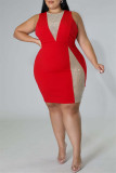 Röd Mode Sexig Plus Size Patchwork Hot Drill O Neck ärmlös klänning