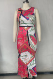 Multicolor Mode Casual Plus Size Print urholkad O-hals ärmlös klänning