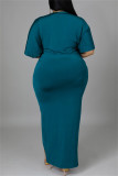 グリーン ファッション カジュアル ソリッド パッチワーク V ネック ショート スリーブ ドレス プラス サイズ ドレス