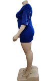 Синее модное повседневное платье больших размеров с буквенным принтом в стиле пэчворк с круглым вырезом и коротким рукавом