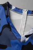 Blaue, lässige, bedruckte, Camouflage-Druck-Patchwork-Overalls mit V-Ausschnitt und Übergröße