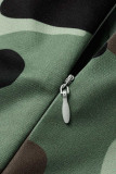 アーミーグリーン カジュアル プリント 迷彩プリント パッチワーク V ネック プラスサイズ ジャンプスーツ