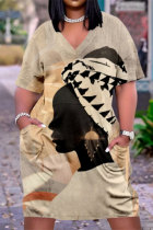 Kaki mode casual print patchwork jurk met V-hals en korte mouwen