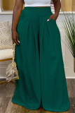 Groene mode, casual effen patchwork, normale broek met hoge taille en wijde pijpen