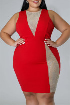 Красное модное сексуальное платье больших размеров в стиле пэчворк с круглым вырезом без рукавов