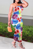 Multicolor Mode Sexig Plus Size Print Rygglös axelbandslös lång klänning