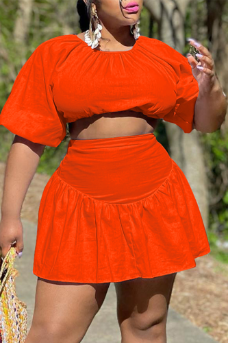 Tangerine Red Fashion Solid Split Joint O-hals Korte Mouw Twee Stukken