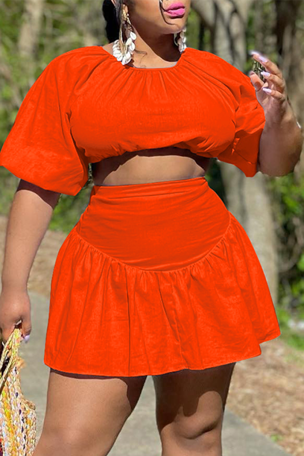 Tangerine Red Fashion Solid Split Joint O Neck Short Sleeve Two Pieces