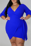 Azul Moda Casual Sólido Vendaje Cuello en V Una línea Vestidos de talla grande