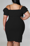 Zwarte mode casual effen patchwork off-shoulder jurk met korte mouwen plus maten jurken