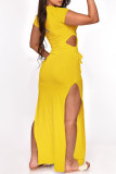 Желтые модные повседневные однотонные повязки с вырезом и круглым вырезом, платье с коротким рукавом, платья