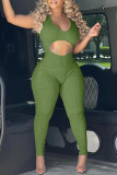 Green Fashion Casual Solid Hollowed Out V Neck Skinny Jumpsuits