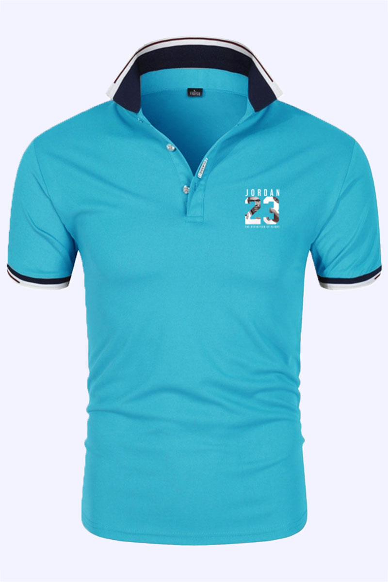 

Sky Blue Fashion Sportswear Print Letter POLO collar Tops