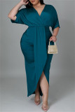 Vestido de manga corta con cuello en V de patchwork sólido casual de moda azul Vestidos de talla grande