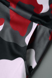 Roter, lässiger, bedruckter, Camouflage-Druck, Patchwork-Jumpsuit mit V-Ausschnitt und Übergröße