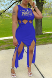 Blauwe mode print uitgeholde O-hals onregelmatige jurk jurken