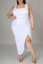 Mode blanche Sexy solide fente pli carré col gilet robe robes de grande taille