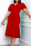 Red Fashion Casual Solid Fold V Neck Pencil Skirt Dresses