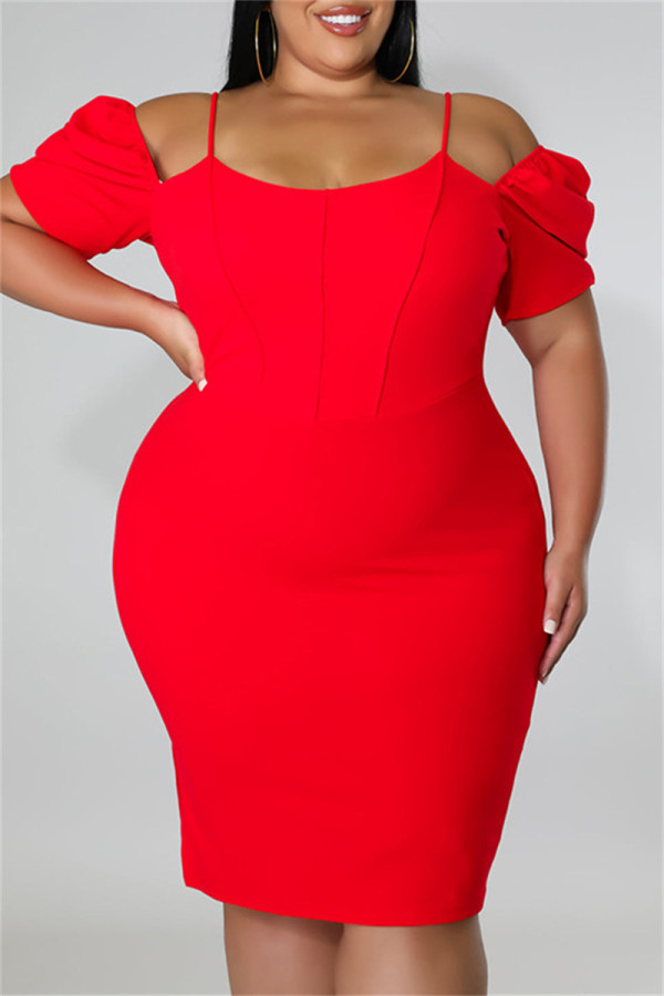 Moda vermelha casual sólido patchwork fora do ombro vestido de manga curta vestidos plus size