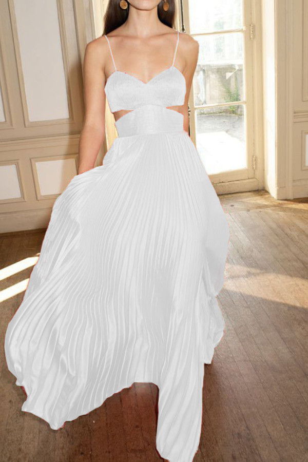 White Celebrities Elegant Solid Patchwork Fold Spaghetti Strap Straight Dresses