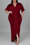 Vestidos de manga curta de colarinho vermelho moda casual patchwork sólido decote em v vestidos plus size