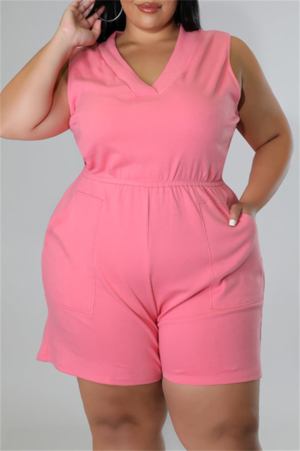 Pink Fashion Casual Solid Patchwork V Neck Plus Size Romper