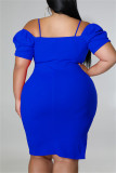 Blue Fashion Casual Solid Patchwork Off the Shoulder Short Sleeve Dress Plus Size Dresses