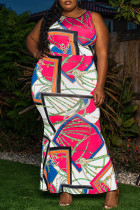 Multicolor Fashion Casual Plus Size Print ausgehöhltes ärmelloses Kleid mit O-Ausschnitt