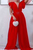 Красный Модный повседневный однотонный комбинезон с круглым вырезом в стиле пэчворк (без пояса)