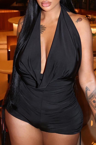 Black Sexy Solid Patchwork Halter Skinny Rompers