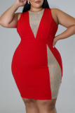Röd Mode Sexig Plus Size Patchwork Hot Drill O Neck ärmlös klänning