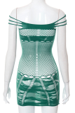 グリーンファッションパッチワークレースシースルーホルターペンシルスカートドレス