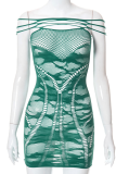 グリーンファッションパッチワークレースシースルーホルターペンシルスカートドレス