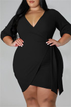Zwarte mode casual effen bandage V-hals A-lijn plus size jurken
