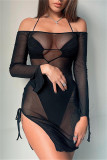 Kaki Fashion Sexy Solid Bandage See-through Off The Shoulder Long Sleeve Two Pieces