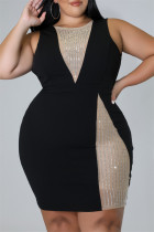 Черное модное сексуальное платье больших размеров в стиле пэчворк с круглым вырезом без рукавов