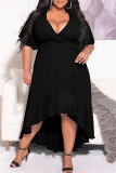 Negro Moda Casual Sólido Vendaje Volante Cuello en V Vestido irregular Vestidos de talla grande