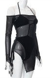 Black Fashion Sexy Solid Bandage See-through Off the Shoulder Long Sleeve Two Pieces