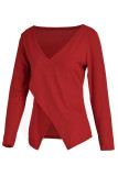 Burgundy Fashion Casual Solid Patchwork V Neck Tops