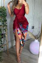 Бордовый элегантный принт с блестками в стиле пэчворк, асимметричное платье с асимметричным воротником, нестандартные платья.