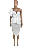 White Fashion Sexy Solid Patchwork Backless One Shoulder Short Sleeve Two Pieces
