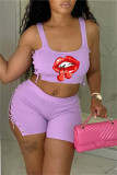 紫色のファッション カジュアルな唇プリント包帯 U ネック ノースリーブ XNUMX ピース