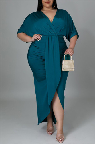Green Fashion Casual Solid Patchwork V Neck Short Sleeve Dress Plus Size Dresses