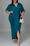 Blau Mode Casual Solid Patchwork V-Ausschnitt Kurzarm Kleid Plus Size Kleider