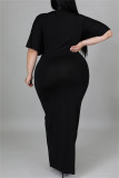 Schwarzes, modisches, lässiges, solides Patchwork-Kleid mit V-Ausschnitt, kurzen Ärmeln, Kleider in Übergröße