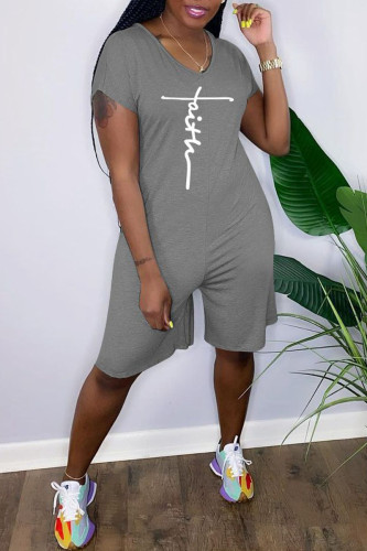 Grey Fashion Casual Print Basic V Neck Regular Romper