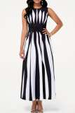 Schwarz-weißes, modisches, lässiges Patchwork-Kleid mit O-Ausschnitt und ärmellosem Print