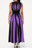 Zwart paars mode casual print patchwork mouwloze jurk met o-hals