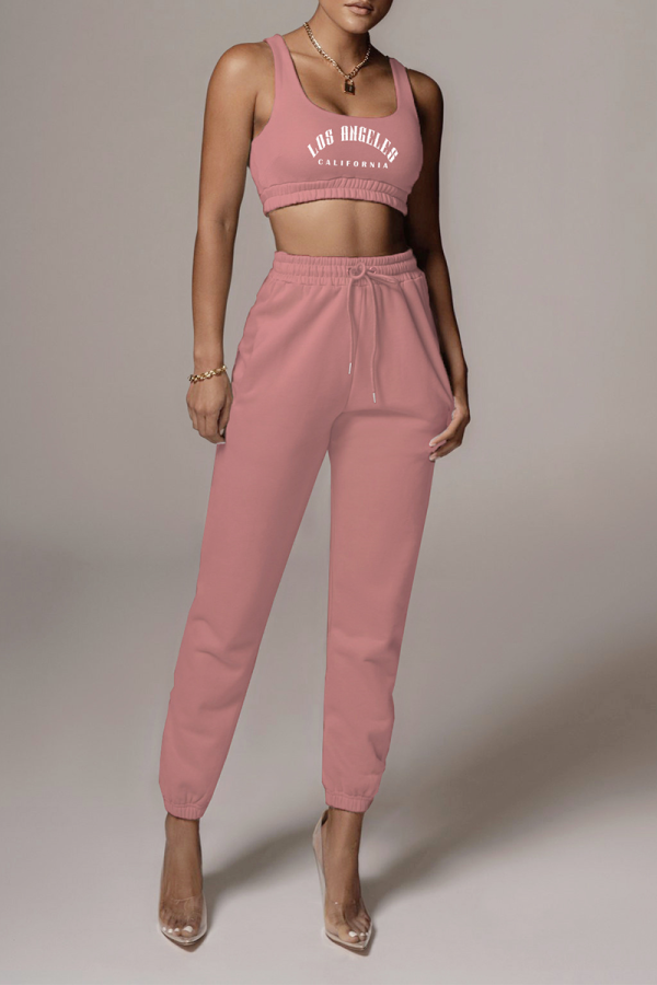Pink Sportswear Print Patchwork U-Ausschnitt ärmellose Zweiteiler