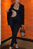 Black Sexy Solid Hollowed Out U Neck Skinny Jumpsuits